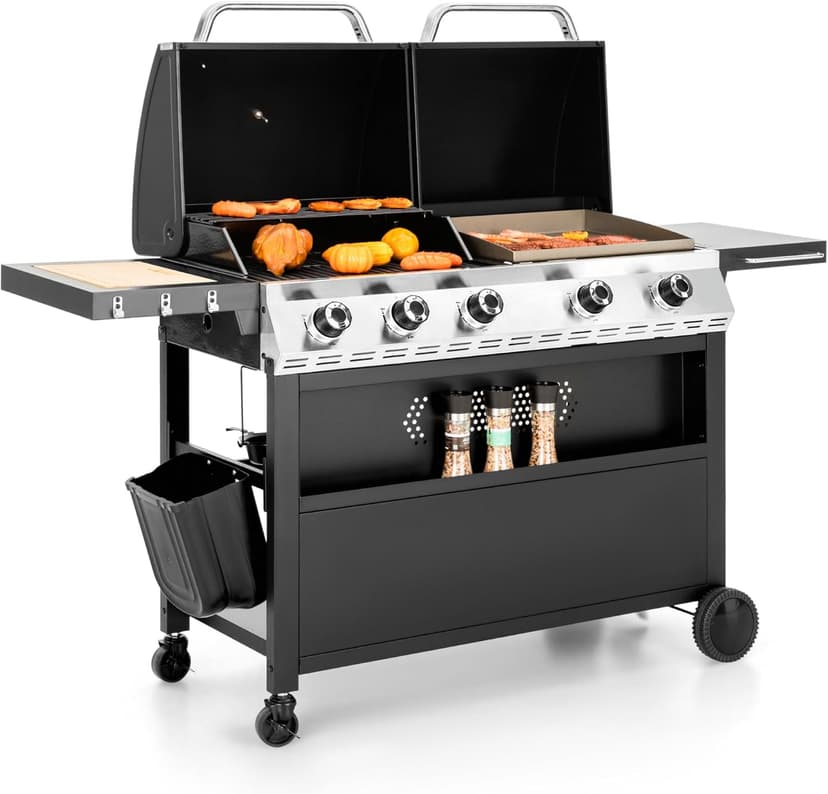 MFSTUDIO 5 Burner Propane Gas Grill and Griddle Combo with Porcelain-Enameled Cast Iron Grate and Pan, BBQ Grills with Flat Top Grddle for Outdoor Cooking, 696 SQIN Cook Area, Black