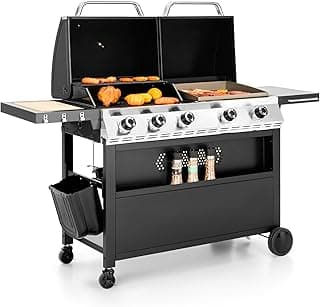 MFSTUDIO 5 Burner Propane Gas Grill and Griddle Combo with Porcelain-Enameled Cast Iron Grate and Pan, BBQ Grills with Flat Top Grddle for Outdoor Cooking, 696 SQIN Cook Area, Black