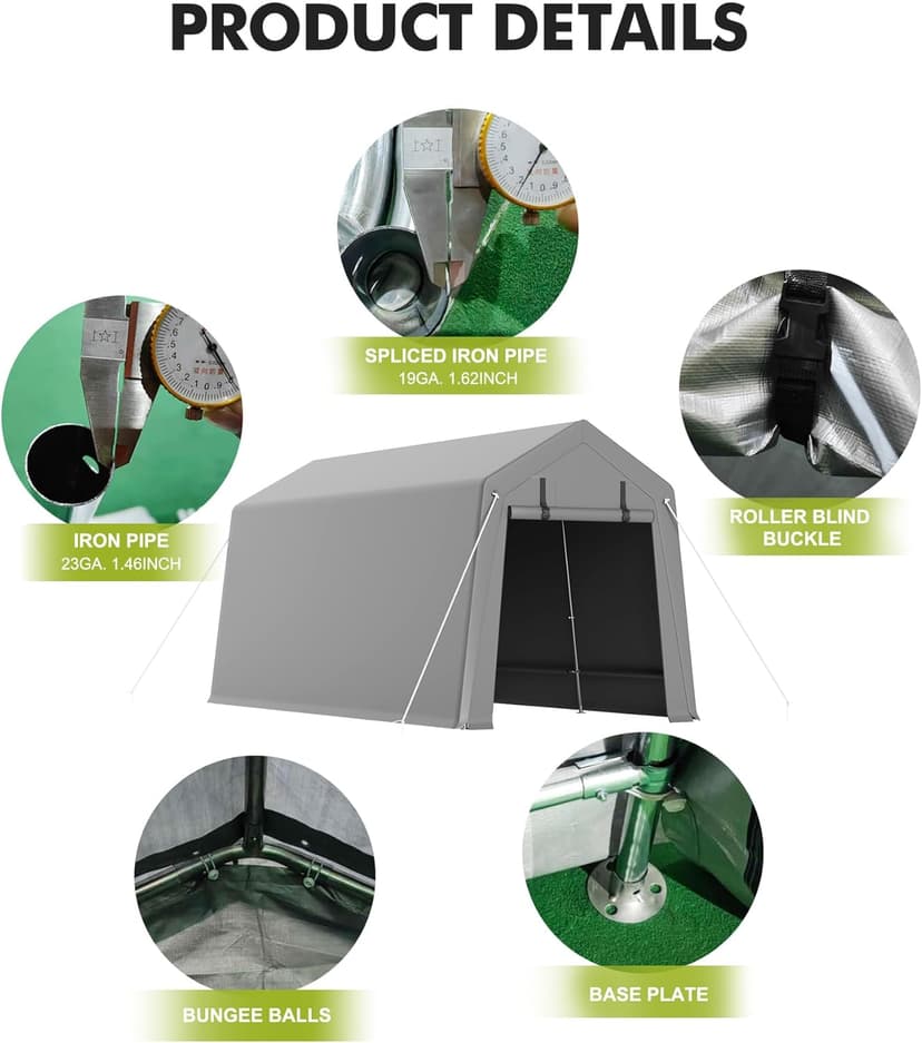 7 x 10 ft Carport Storage Shed, Portable Garage with Roll-up Zipper Door, Heavy Duty Waterproof Tarp, Storage for Motorcycle, Bike, Firewood, Garden Tools