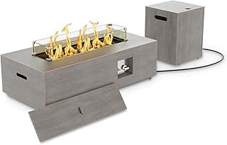 42" Rectangular Propane Fire Pit – 50,000 BTU Fire Table with Wind Guard Glass, Lid, Rocks and Cover – Backyard Fire Pits Outdoor – Propane Gas Fireplace for Deck or Patio (Grey, 42" Standard)