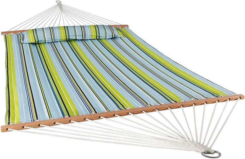 Sunnydaze Quilted Outdoor Hammock with Spreader Bars - Heavy-Duty 450-Pound Capacity Double Hammock for Outside - Blue and Green