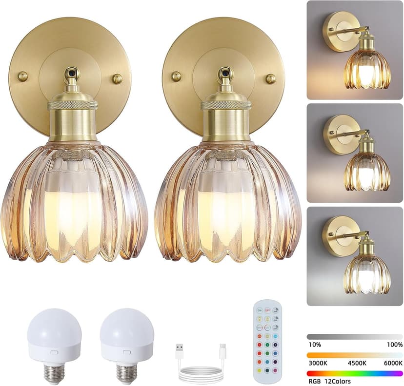 Vintage Battery Operated Wireless Wall Sconces, Rechargeable Gold Wall Lights，Amber Tulip Glass Lampshade With Remote Dimmable Wall Lighting Indoor, Led Wall Lamp Fixtures For Bedroom, Living Room