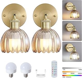 Vintage Battery Operated Wireless Wall Sconces, Rechargeable Gold Wall Lights，Amber Tulip Glass Lampshade With Remote Dimmable Wall Lighting Indoor, Led Wall Lamp Fixtures For Bedroom, Living Room