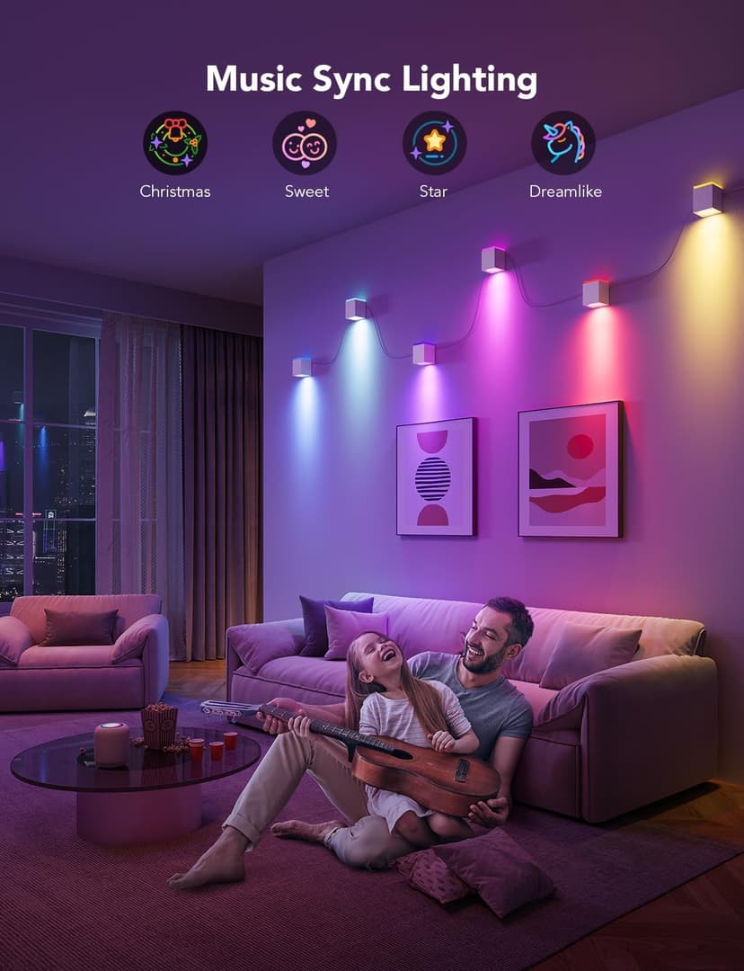 Govee Cube Wall Sconces, RGBIC LED Wall Light Works with Alexa, WiFi Smart Lights for Room Decor, Color Changing Indoor Light Fixture for Bedroom Dining Room, Music Sync, Adjustable Cables, 15ft