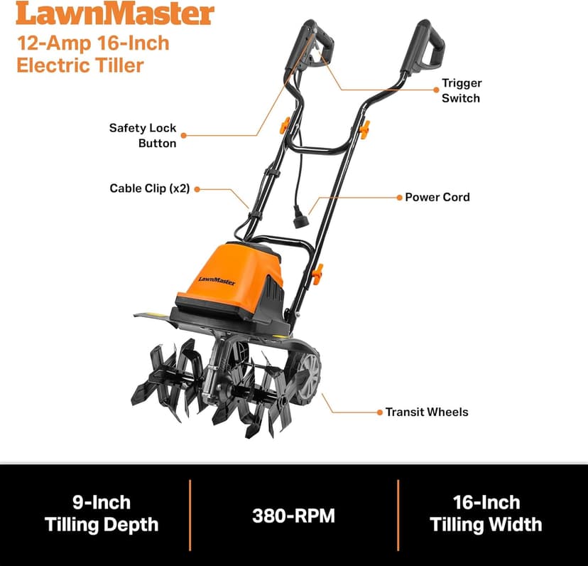 LawnMaster TE1016M Electric Tiller 10-Amp, 16-Inch,Green