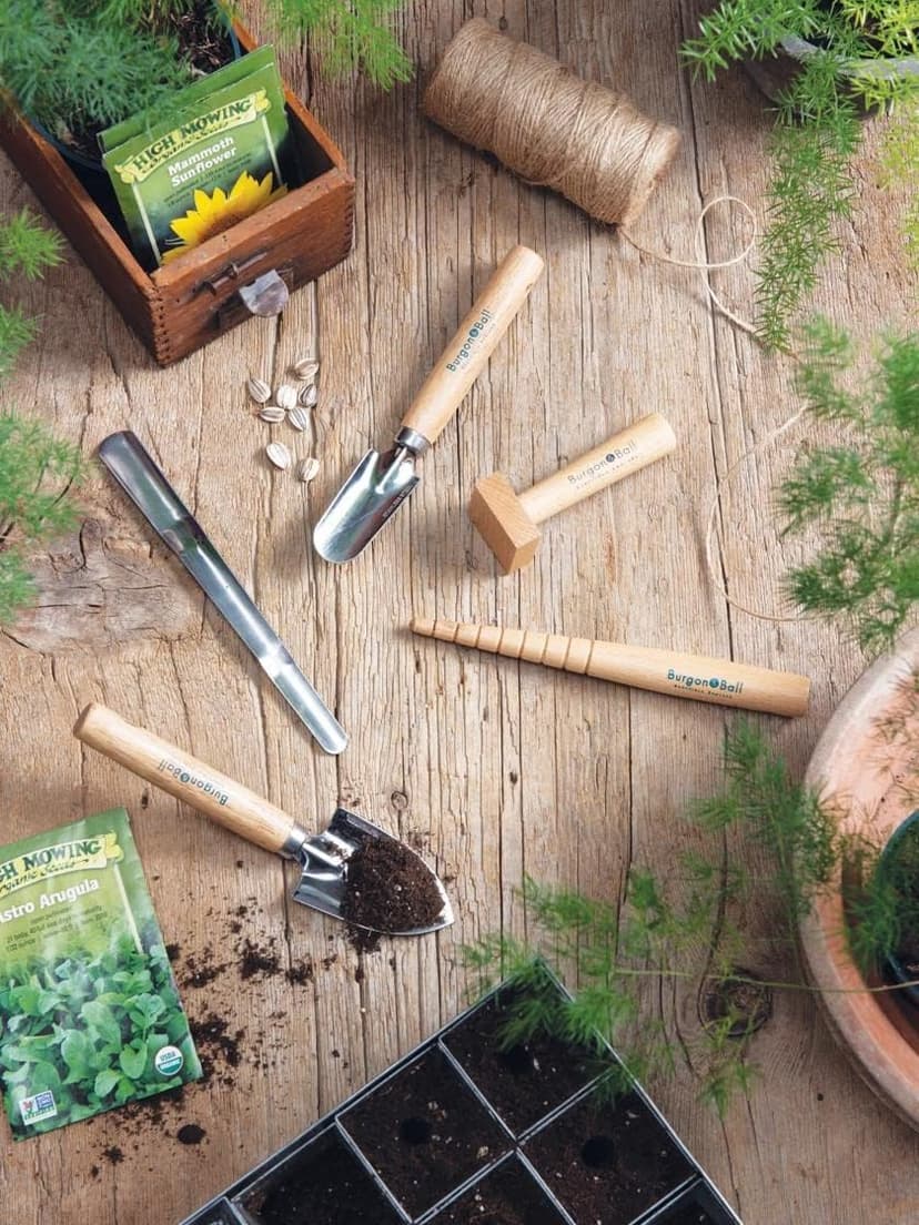 Gardener's Supply Company Ultimate Seed Starting Tool Set | includes 2 Mini Trowels, Cell Tray Tamper, Seedling Widger & Dibbler Stainless Steel & Beech Wood Tools Great Gardening Gift