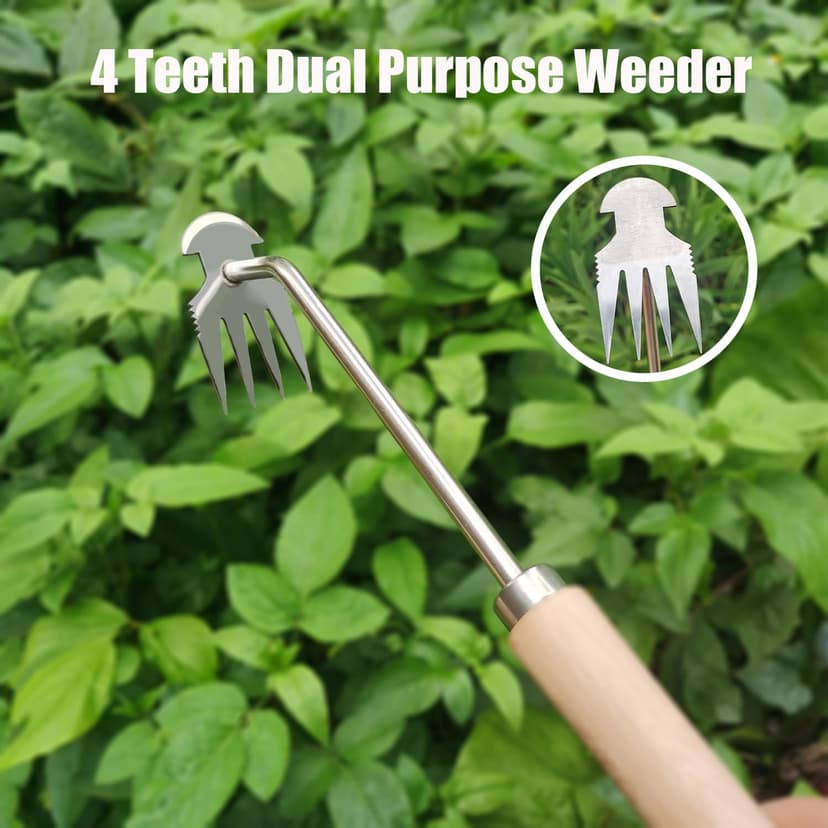 Weeding Artifact Uprooting Weeding Tool, Garden Weeding Tools Hand Weeder Tool, Stainless Steel Weed Puller 4 Teethes Dual Purpose Weeder, Multifunctional Weeder Manual Weed Remover Tool (Wood-12inch)