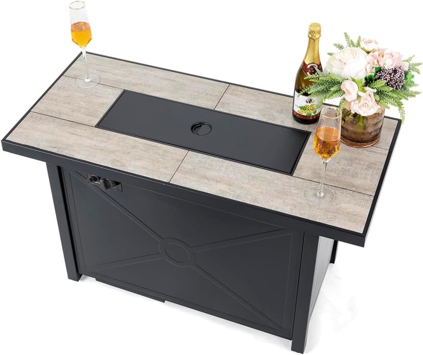 Nuu Garden Propane Fire Pit Table, CSA Certified 42 Inch 50,000 BTU Outdoor Propane Gas Cabinet Rectangle Fire Pit Table, Ceramic Tabletop, Rattan and Iron Frame, with Lid and Fire Glass Beads, Black