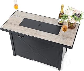 Nuu Garden Propane Fire Pit Table, CSA Certified 42 Inch 50,000 BTU Outdoor Propane Gas Cabinet Rectangle Fire Pit Table, Ceramic Tabletop, Rattan and Iron Frame, with Lid and Fire Glass Beads, Black