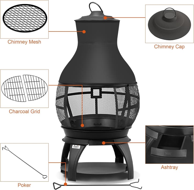 BALI OUTDOORS Fire Pit Wood Burning Chiminea Outside Fireplace Patio Small Firepit, Size 17.7" W x 35.6" H, Brown-Black