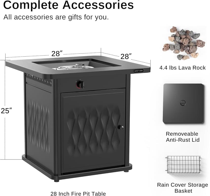 EAST OAK 28'' Propane Fire Pit Table, 50,000 BTU Steel Gas FirePit for Outdoor, Outside Patio Deck and Garden, CSA Certified Fire Table with Magnetic Lid, Cover-Storage Basket and Lava Rock , Black