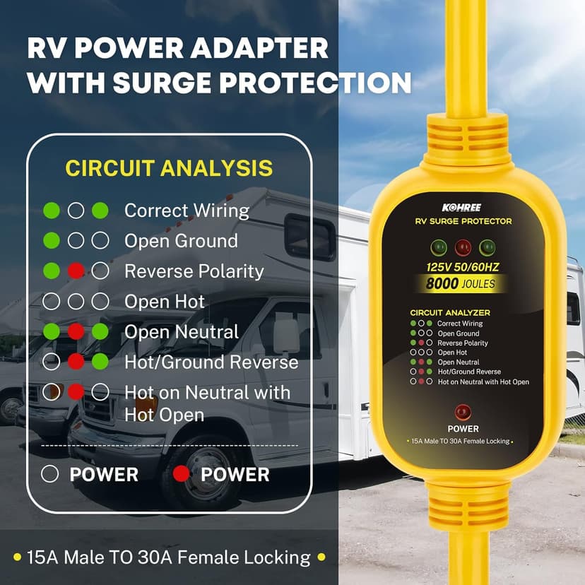 Kohree 30 Amp to 110V RV Adapter with Surge Protection, 8000 Joules 15 Amp to 30 Amp RV Power Adapter 21'' with Twist Lock, Circuit Analyzer w/LED Indicators, for Camper Travel Trailer