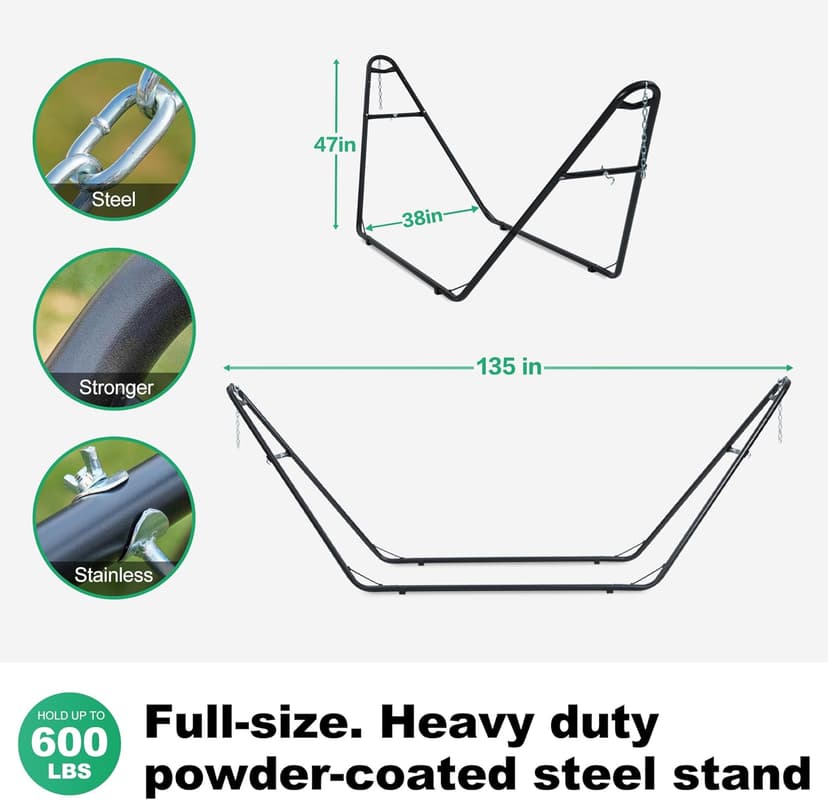 Universal 2 Person Hammock Stand Only, 600 lbs Capacity, Adjustable Heavy Duty Powder-Coated Steel Stand, Multi-Use, Fits 9ft to 14ft Hammocks, XXL Size (Black)