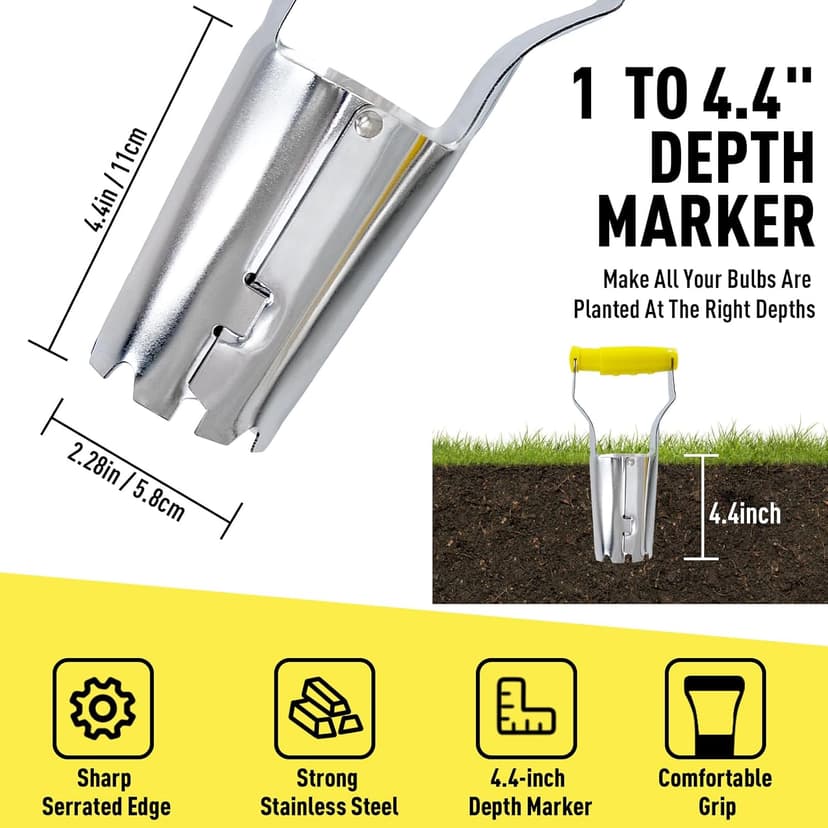 Jardineer Small Bulb Planter Tool– Compact Stainless Steel Transplanter for Bulbs, Seedlings & Flowers – Ergonomic Handle with Depth Markings – Silver & Black– Durable Garden Planting Tool