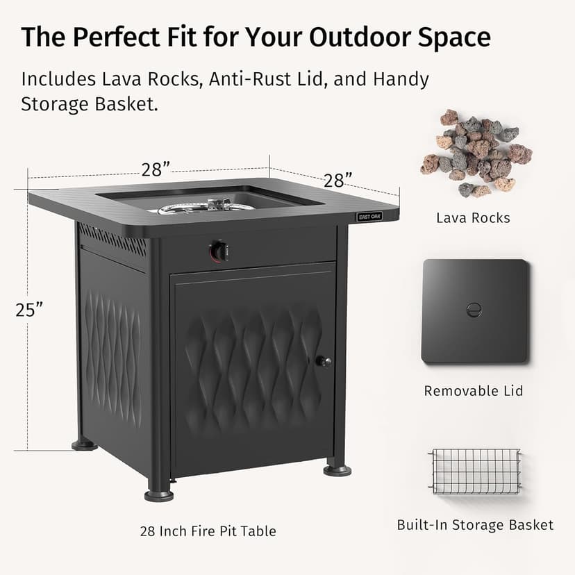EAST OAK 28" Outdoor Propane Fire Pit Table | 52,000 BTU Gas Fire Pit Table for Outside with Magnetic Lid | Storage Basket & Lava Rocks | CSA Certified for Patio, Garden & Backyard | Black
