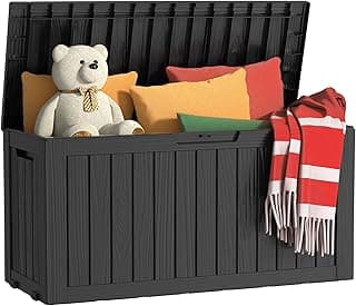 75 Gallon Outdoor Storage Box, Resin Waterproof UV-Resistant Deck Box, Reinforced Stability for Patio, Garden, and Poolside, Striped Black