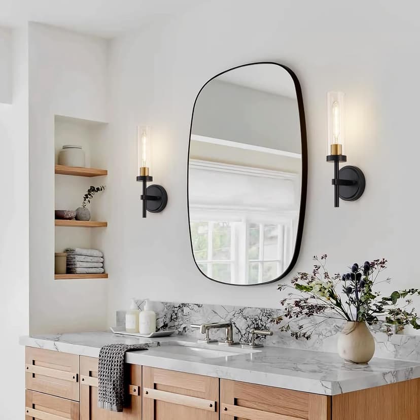 Black and Gold Hardwired Wall Sconces Set of 2, Modern Bathroom Vanity Sconces Wall Lighting with Clear Glass Shade, Farmhouse Wall Mount Lights for Mirror Bedroom Living Room Hallway Kitchen