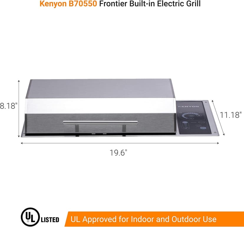 KENYON Frontier Built-in Electric Grill, Single Burner With IntelliKEN Touch Control, Stainless Steel Body, Rust-Proof Grill, UL-Approved For Indoor And Outdoor Use, Dishwasher Safe Grate, 120 Volts