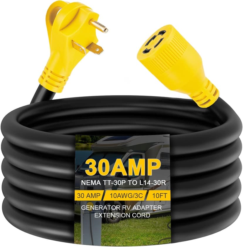 10ft Generator Transfer Switch Adapter Cord NEMA TT-30P to L14-30R, 3 Prong 30 Amp RV Generator TT-30 Male Plug to 4 Prong 30 Amp Inlet Box L14-30 Female Connector, STW 10AWG/3C, ETL Listed