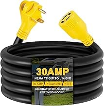 10ft Generator Transfer Switch Adapter Cord NEMA TT-30P to L14-30R, 3 Prong 30 Amp RV Generator TT-30 Male Plug to 4 Prong 30 Amp Inlet Box L14-30 Female Connector, STW 10AWG/3C, ETL Listed