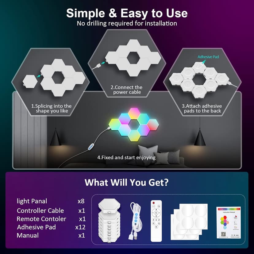 OJQ 8 Pack Hexagon Wall Light RGB Panel - Smart APP RGB Hexagonal Modular Gaming Light Music with Sync Honeycomb Shape Panels Hexagon Lights for Bedroom Children Room Wall Decor