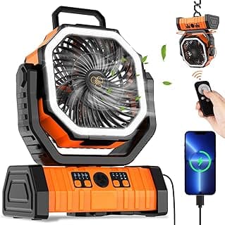 Camping Fan Rechargeable, 20000mAh Large Battery Powered Fan, 4Speed Rechargeable Fan Portable with Remote, Battery Operated Fans with LED Light and Hanging Hook, Cordless Fans for Tent Picnic Outdoor