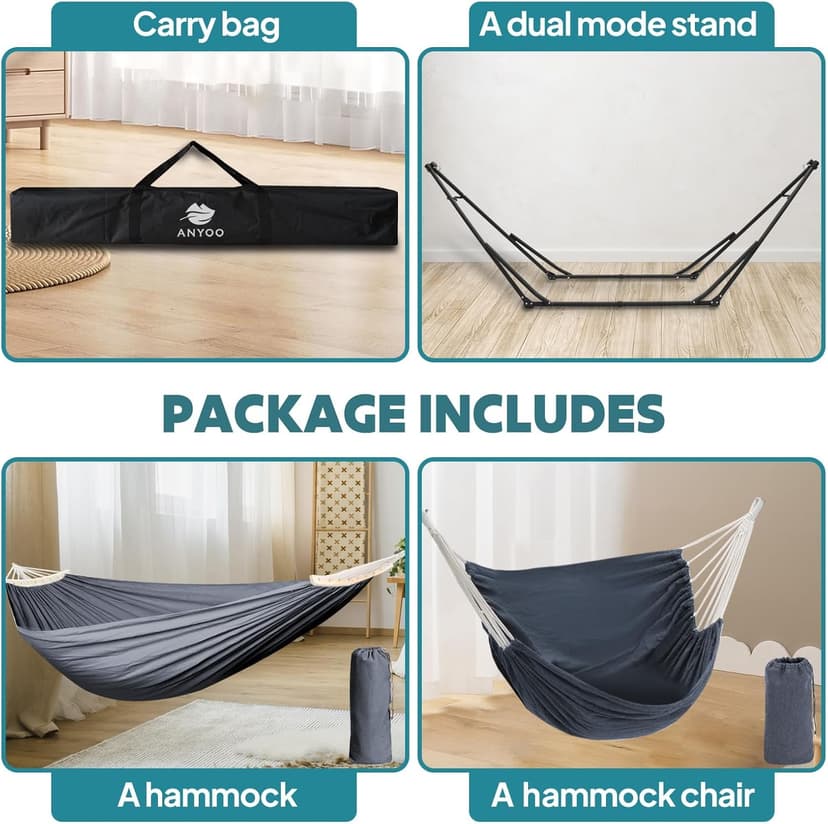 Anyoo 2 in 1 Hammock and Swinging Chair with Collapsible Steel Stand & Carrying Case,Portable & Adjustable,Easy Set Up for Outdoor,Indoor,Porch Swing,Patio,Garden,Camping Trip
