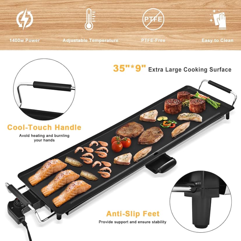 Electric Nonstick Extra Larger Griddle Grill-35" Teppanyaki Grill BBQ with Adjustable Temperature &Insulated Handles for Indoor/Outdoor