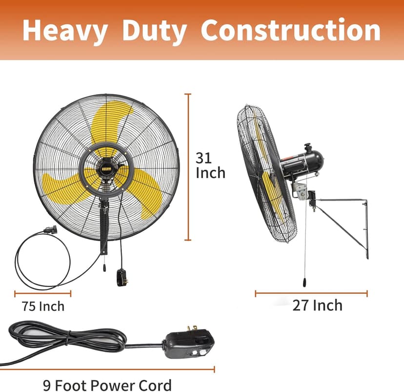 HiCFM 30 inch Misting Outdoor Oscillation Weatherproof Wall Mounted Fan with IP44 Enclosure Motor, GFCI Plug, 9300 CFM 3-Speeds High Velocity Powerful Wall Fan, UL Outdoor Approved