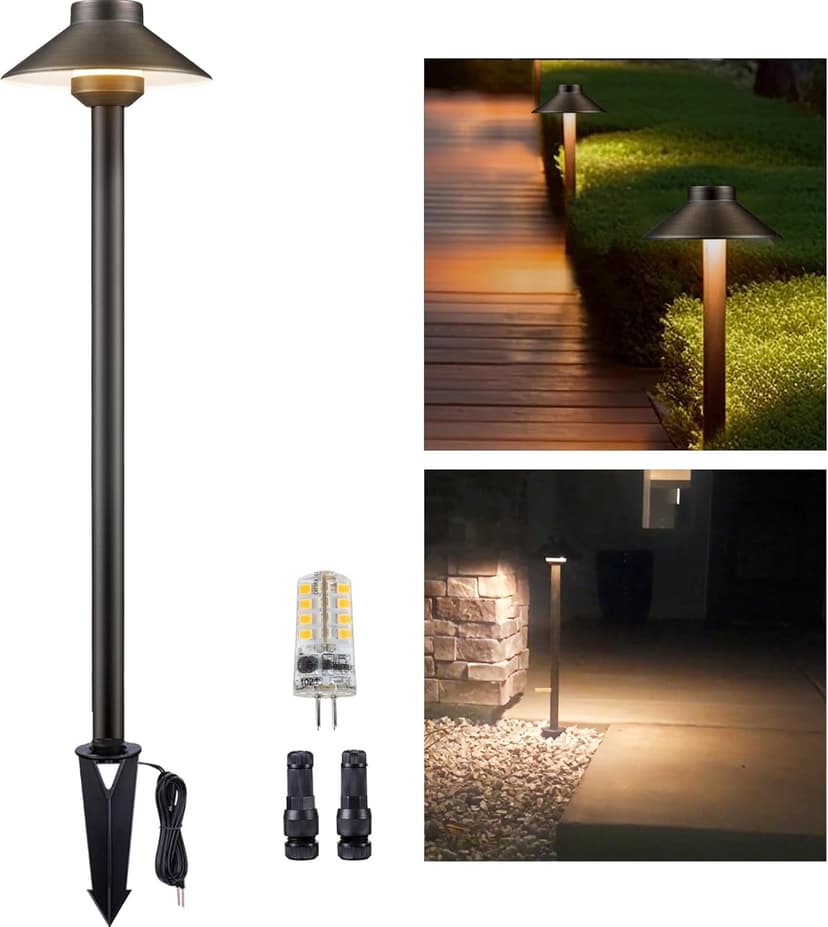 Outdoor Brass Pathway Lights - Low Voltage Landscape Path Lighting Wired, 12v Pathlight LED IP65 Waterproof, Hat-top Bronze for Outside Walkway Yard with 3W 270LM 2700K Warm White G4 Bulb