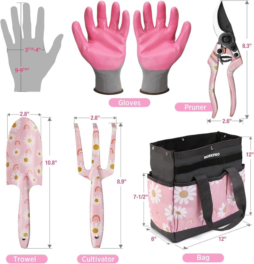 WORKPRO 5PCS Gardening Tools, Aluminum Heavy Duty Garden Tool Set with Bag, Ideal Gardening Gifts for Women, Pink