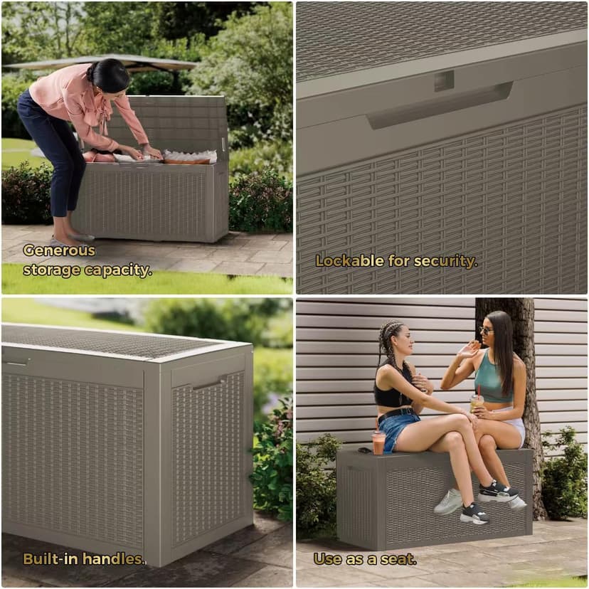 100 Gallon Lockable Resin Deck Box, Waterproof & UV-Resistant Outdoor Storage Box for Cushion Storage and Outdoor Delivery Storage,Coffee