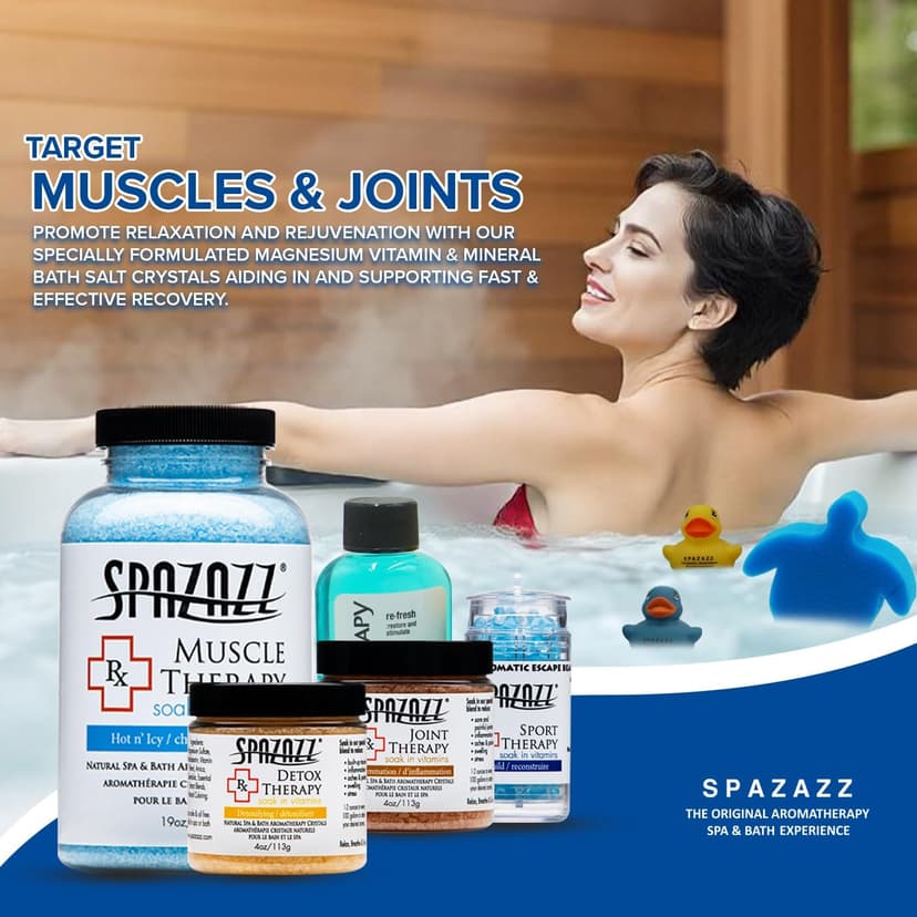 Spazazz Sports Athlete Hot Tub & Bath Salt Gift Bundle - Muscle Therapy 19 oz, Rx Joint 4oz, Detox 4oz, Aqua Therapy Re-Fresh 2.5oz, Sport Aroma Beads .5oz, scum Sponge, Hot/Cold Towel, Rubber Duck
