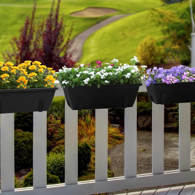 YBING Railing Planter Box 4 Pack Window Boxes Planter with Adjustable Brackets Deck Railing Hanging Flower Boxes 16.9 Inches Balcony Planters Black Fence Hanging planters for Outdoor