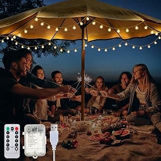 32 Feet Patio Umbrella Lights, 8 Lighting Modes LED String Lights with 64 Pcs Shatterproof Globe, Remote Control Battery & USB Powered, Waterproof Hanging Light Decorate for Patio(Warm White)