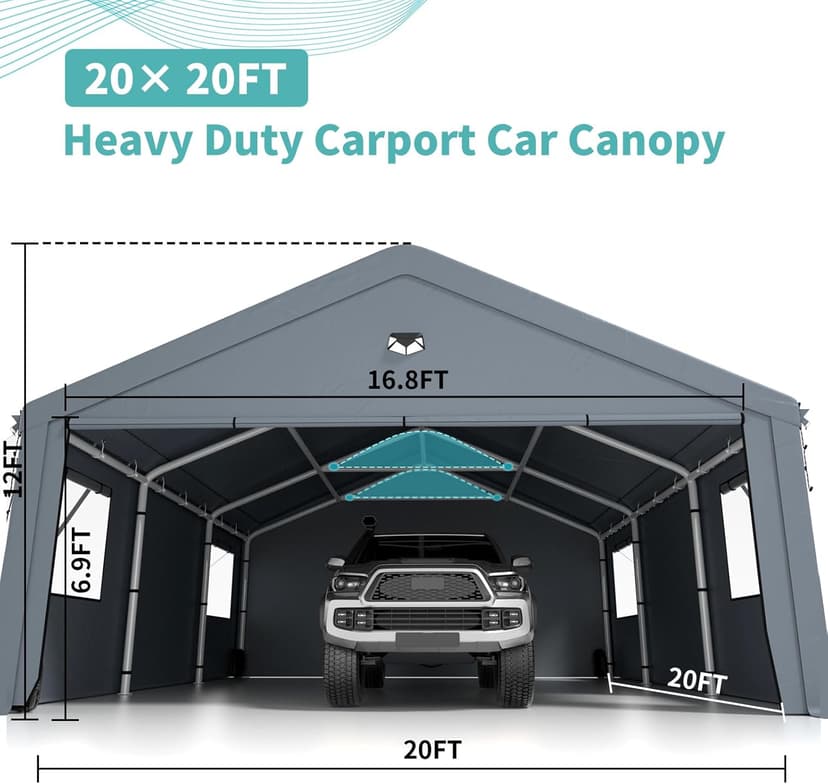 2 Car Carports 20X20 Heavy Duty with Removable Side Walls, Car Port Canopy, Portable Shelter, All Weather, Gray