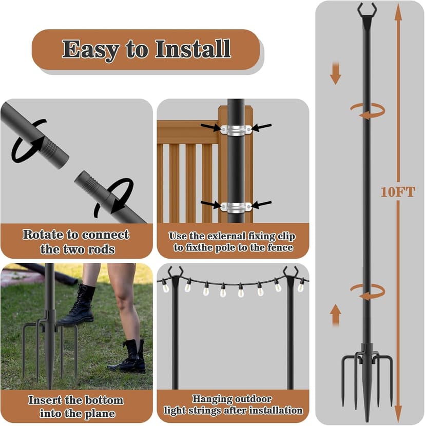 7 Pack String Light Poles,Metal Poles for Hanging Outdoor Light Strings,7 Pack 10 FT Light Poles Stand for Outside Garden,Patio,Wedding,Backyard,Deck,Party
