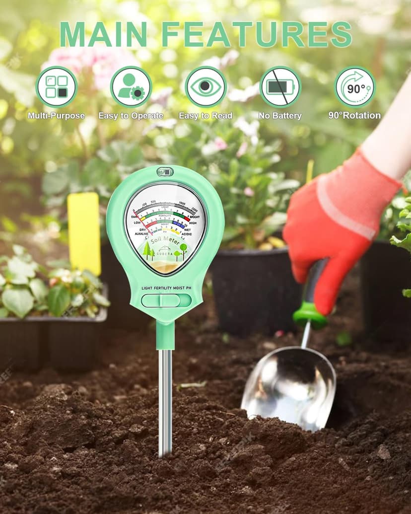 2025 Upgraded Soil Moisture Meter for Plants, Soil pH Meter, 4-in-1 Soil Tester for Light/Moisture/pH/Fertility, Plant Water Meter for Garden, Lawn, Farm, Indoor & Outdoor