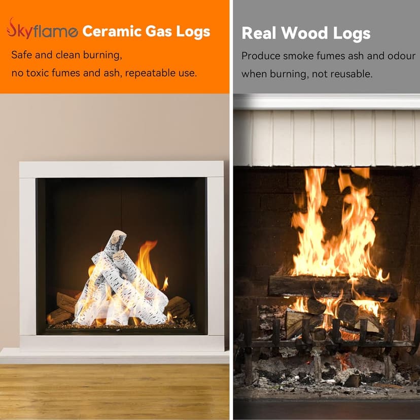 Skyflame 6 Piece Set of Gas Fireplace Logs, Large White Birch Ceramic Logs for All Types of Indoor/Outdoor Gas Inserts, Ventless, Fireplaces and Fire Pits