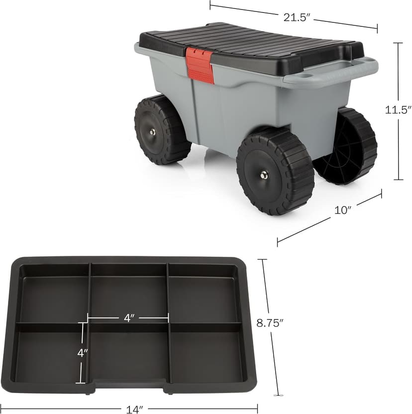 Pure Garden Rolling Garden Cart with Seat - Plastic Storage with Bench and Interior Tool Tray - Gardening Stool for Weeding and Planting (Gray)
