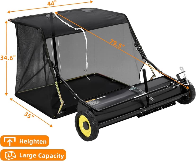 Tow Behind Lawn Sweeper, 44" Pull Behind Lawn Sweeper, Large Capacity Leaf & Grass Collector with Adjustable Sweeping Height and Dumping Rope Design for Picking Up Grass and Debris
