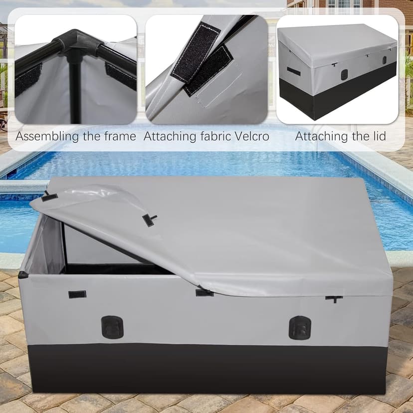Outdoor Waterproof Storage Box, 150 Gallon, Waterproof PE Tarpaulin Deck Box w/Galvanized Metal Frame, All-Weather Protection & Portable, for Porch, Garden, Poolside, and Yard (Black & Grey)