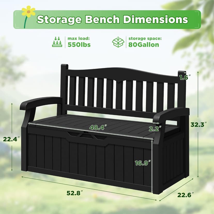 Greesum 80 Gallon Storage Bench Outdoor Deck Box with Armrest, Patio Furniture,Lockable, Waterproof and UV Resistant, Suitable for Garden, Pool, Black