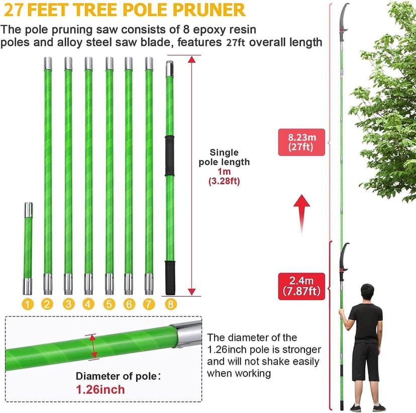 27 Feet Tree Pole Pruner Manual Branches Trimmer Tree Branch Garden Tools Loppers Hand Pole Saws Extendable Height