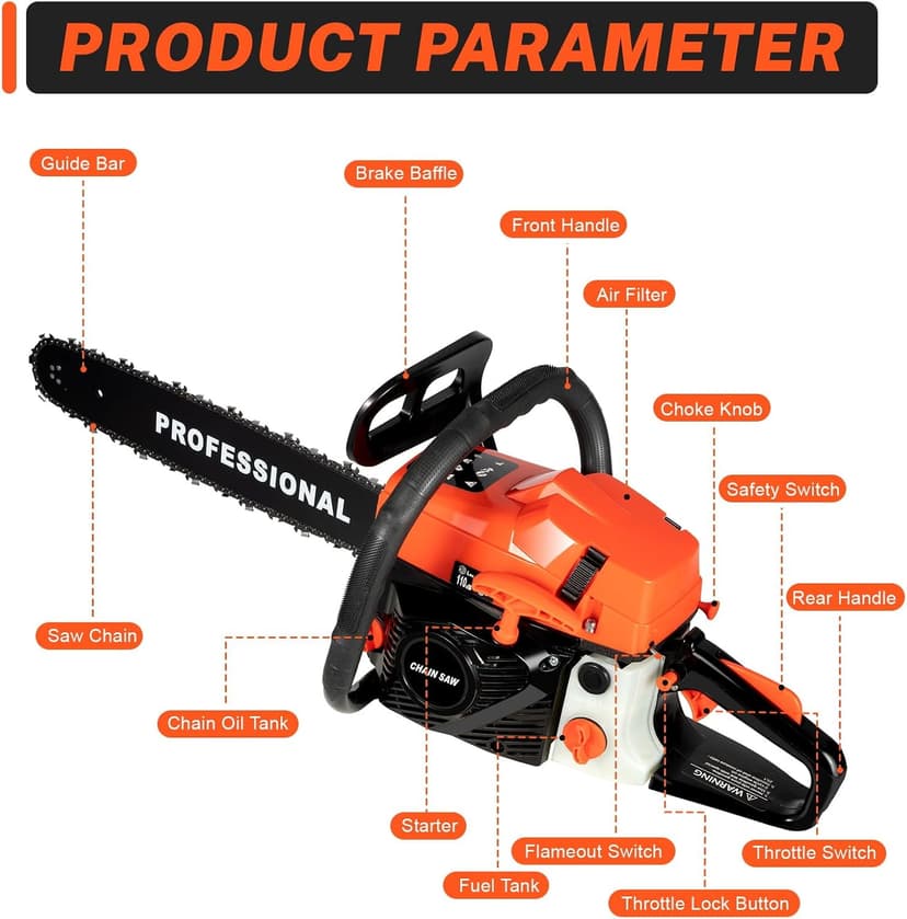 Upgrade 58cc Gas Chainsaw 20 Inch 2-Stroke Gas Powered Chainsaw Air-Cooled Gas Chainsaw Handheld Gasoline Chain Saw for Wood Cutting