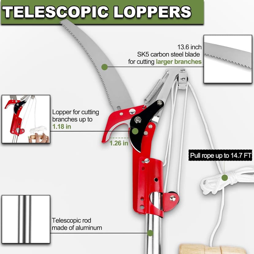 13ft Pole Saws for Tree Trimming, Lightweight Stainless Steel Tree Trimmers Long Handle Pruner, Tree Pruner Extendable, Manual Pole Cutter for Yard Garden Patios Trees Branches Cutting