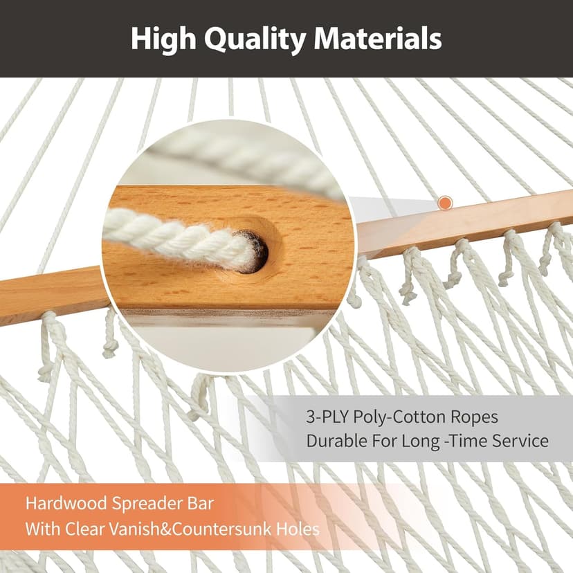 Outdoor Double Hammock with Hardwood Spreader Bars, Cotton Rope Hammock with Polyester Pad and Pillow, 475 LBS Capacity 2 Person Hammock, Large Hammock for Patio Backyard Poolside - Terracotta