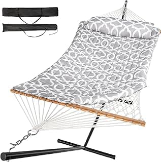 Double Hammock with Stand, 2 Person Cotton Rope Hammock with Removable Polyester Pad, 500LBS Capacity, Portable & Adjustable Design, Includes Storage Bag, Indoor Outdoor Use,White-Gray