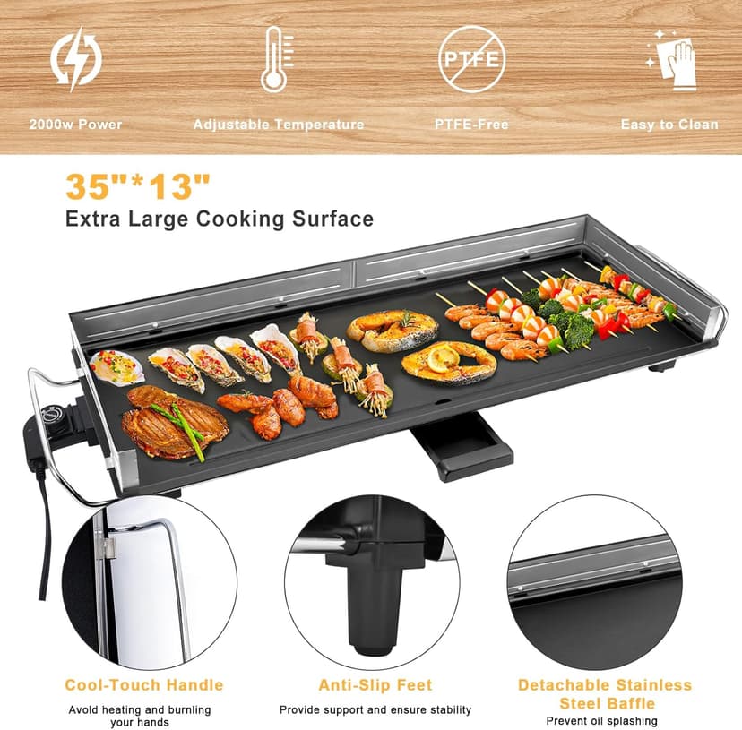 35" Electric Nonstick Extra Large Griddle Grill-Teppanyaki Grill BBQ Indoor/Outdoor with Adjustable Temperature,Detachable for Easy Cleaning,Extra Wide
