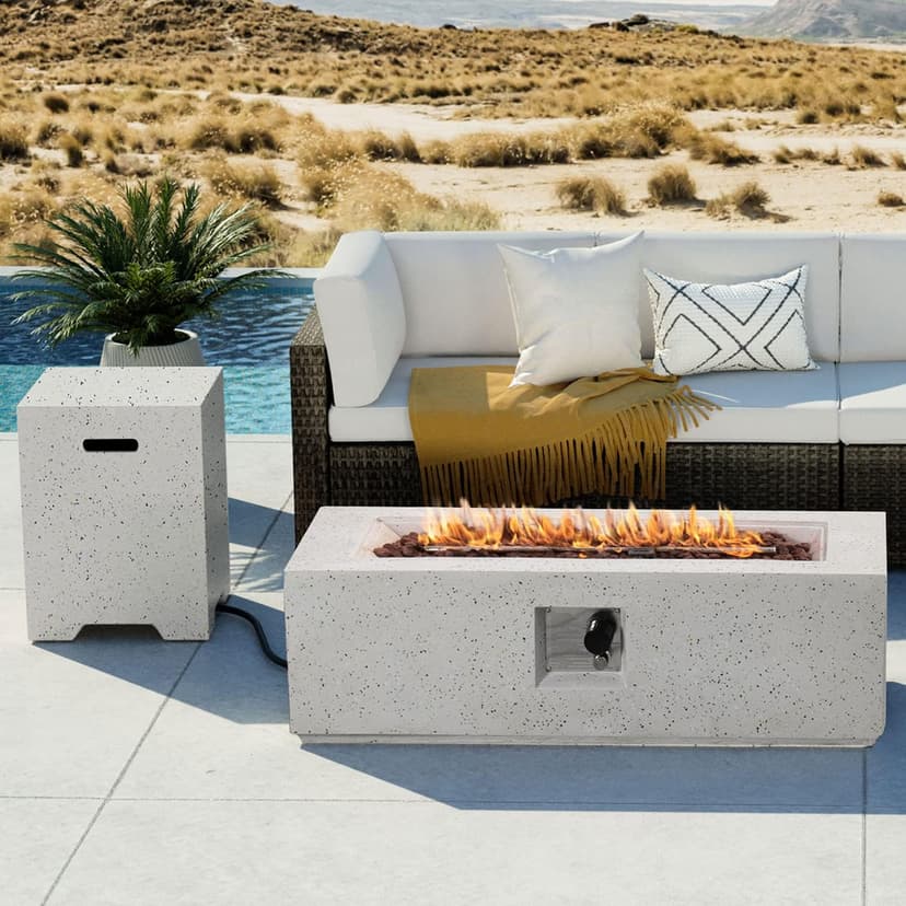 COSIEST 2-Piece Outdoor Propane Fire Pit Table Set w Tank Table, 42" Terrazzo Rectangle Fire Table (CSA Certified, 50,000 BTU) w 16" Tank Cover Side Table, Waterproof Cover for Garden, Pool, Backyard